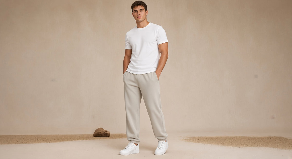 A men worn white t-shirt and Modern Cotton Sweatpants in light gray colour